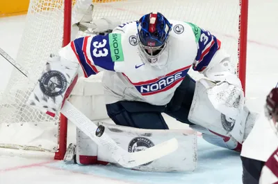 Goalie Henrik Haukeland of Norway in action during the group B match between Latvia and Norway at the ice hockey world championship in Riga, Latvia, Wednesday, May 17, 2023. (AP Photo/Roman Koksarov)