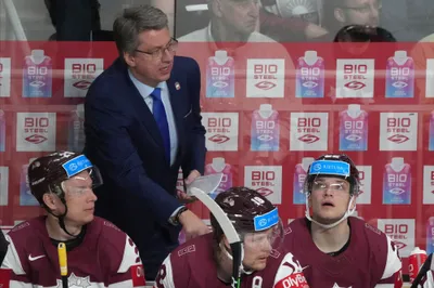 Head coach Harijs Vitolins of Latvia during the group B match between Latvia and Norway at the ice hockey world championship in Riga, Latvia, Wednesday, May 17, 2023. (AP Photo/Roman Koksarov)