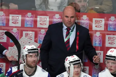 Head coach Tobias Johansson of Norway during the group B match between Latvia and Norway at the ice hockey world championship in Riga, Latvia, Wednesday, May 17, 2023. (AP Photo/Roman Koksarov)