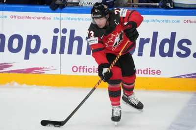 Tyler Toffoli of Canada in action during the group B match between Canada and Kazakhstan at the ice hockey world championship in Riga, Latvia, Wednesday, May 17, 2023. (AP Photo/Roman Koksarov)