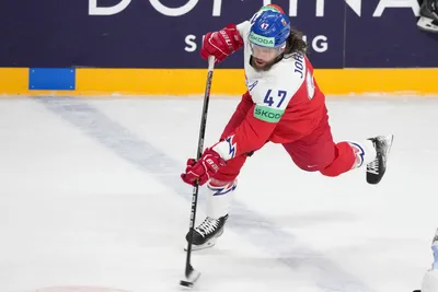 Michal Jordan of Czech Republic in action during the group B match between Czech Republic and Slovenia at the ice hockey world championship in Riga, Latvia, Thursday, May 18, 2023. (AP Photo/Roman Koksarov)