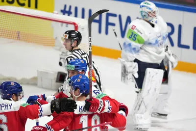 Team Czech Republic players celebrate a goal during the group B match between Czech Republic and Slovenia at the ice hockey world championship in Riga, Latvia, Thursday, May 18, 2023. (AP Photo/Roman Koksarov)