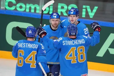 Radosť hokejistov Kazachstanu po góle v zápase Slovensko - Kazachstan na MS v hokeji 2023. 