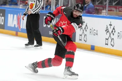 Pierre-Olivier Joseph of Canada in action during the group B match between Switzerland and Canada at the ice hockey world championship in Riga, Latvia, Saturday, May 20, 2023. (AP Photo/Roman Koksarov)