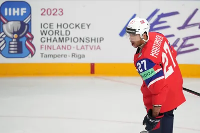 Andreas Martinsen of Norway celebrates a goal during the group B match between Canada and Norway at the ice hockey world championship in Riga, Latvia, Monday, May 22, 2023. (AP Photo/Roman Koksarov)