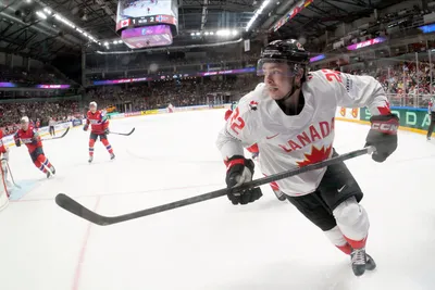 Jack Quinn of Canada in action during the group B match between Canada and Norway at the ice hockey world championship in Riga, Latvia, Monday, May 22, 2023. (AP Photo/Roman Koksarov)