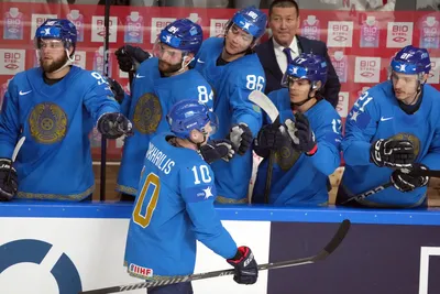 Nikita Mikhailis of Kazakhstan celebrates a goal during the group B match between Kazakhstan and Slovenia at the ice hockey world championship in Riga, Latvia, Monday, May 22, 2023. (AP Photo/Roman Koksarov)
