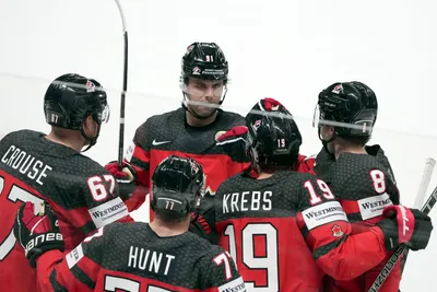 Team Canada celebrate a goal during the group B match between Canada and Czech Republic at the ice hockey world championship in Riga, Latvia, Tuesday, May 23, 2023. (AP Photo/Roman Koksarov)