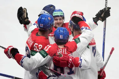Team Czech Republic players celebrate a goal during the group B match between Canada and Czech Republic at the ice hockey world championship in Riga, Latvia, Tuesday, May 23, 2023. (AP Photo/Roman Koksarov)