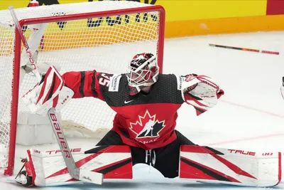 Goalie Samuel Montembeault of Canada in action during the group B match between Canada and Czech Republic at the ice hockey world championship in Riga, Latvia, Tuesday, May 23, 2023. (AP Photo/Roman Koksarov)