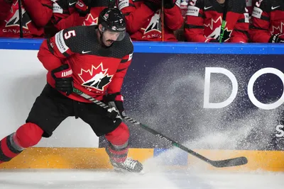 Jacob Middleton of Canada in action during the group B match between Canada and Czech Republic at the ice hockey world championship in Riga, Latvia, Tuesday, May 23, 2023. (AP Photo/Roman Koksarov)