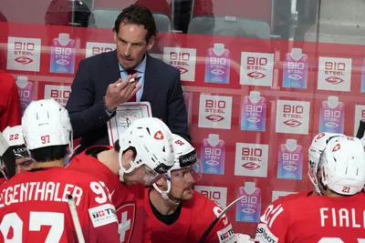 Head coach Patrick Fischer of Switzerland speaks during the quater final match between Germany and Switzerland at the ice hockey world championship in Riga, Latvia, Thursday, May 25, 2023. (AP Photo/Roman Koksarov)