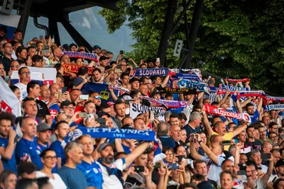 Slovenskí fanúšikovia počas zápasu Lichtenštajnsko - Slovensko v kvalifikácii EURO 2024.