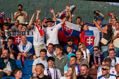 Na snímke slovenskí futbaloví fanúšikovia povzbudzujú počas  zápasu Lichtenštajnsko - Slovensko v kvalifikácii EURO 2024.