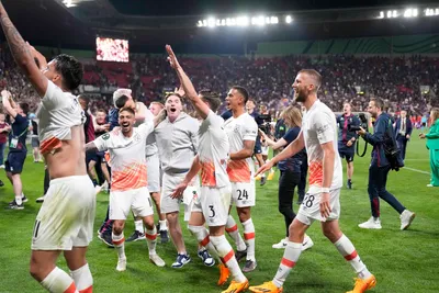 West Ham players celebrate at the end of the Europa Conference League final soccer match between Fiorentina and West Ham at the Eden Arena in Prague, Wednesday, June 7, 2023. (AP Photo/Darko Bandic)

- XCONFERENCELEAGUEX