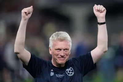 West Ham coach David Moyes celebrates at the end of the Europa Conference League final soccer match between Fiorentina and West Ham at the Eden Arena in Prague, Wednesday, June 7, 2023. (AP Photo/Darko Bandic)

- XCONFERENCELEAGUEX