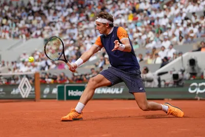 Norway's Casper Ruud plays a shot against Serbia's Novak Djokovic during the men's singles final match of the French Open tennis tournament at the Roland Garros stadium in Paris, Sunday, June 11, 2023. (AP Photo/Thibault Camus)
