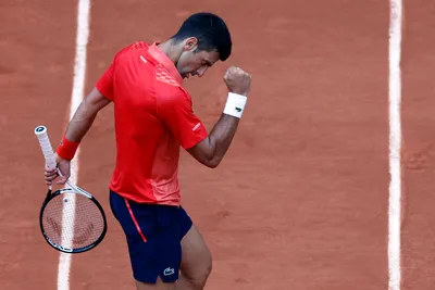 Serbia's Novak Djokovic reacts during his final match of the French Open tennis tournament against Norway's Casper Ruud at the Roland Garros stadium in Paris, Sunday, June 11, 2023. (AP Photo/Jean-Francois Badias)