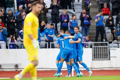 Radosť hráčov Islandu po strelení vyrovnávajúceho gólu v zápase Island - Slovensko v rámci kvalifikácie na EURO 2024.