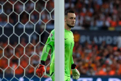 Netherlands goalkeeper Justin Bijlow is seen after Croatia's Andrej Kramaric scoring from penalty against Netherlands during the Nations League semifinal soccer match between the Netherlands and Croatia at De Kuip stadium in Rotterdam, Netherlands, Wednesday, June 14, 2023. (AP Photo/Patrick Post)