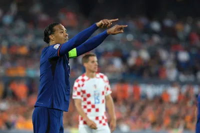 Netherlands' Virgil van Dijk reacts during the Nations League semifinal soccer match between the Netherlands and Croatia at De Kuip stadium in Rotterdam, Netherlands, Wednesday, June 14, 2023. (AP Photo/Patrick Post)