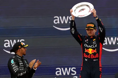 Mercedes driver Lewis Hamilton of Britain, left, applauds to winner Red Bull driver Max Verstappen of the Netherlands after the Spanish Formula One Grand Prix at the Barcelona Catalunya racetrack in Montmelo, Spain, Sunday, June 4, 2023. (AP Photo/Joan Monfort)

- f1autoz23