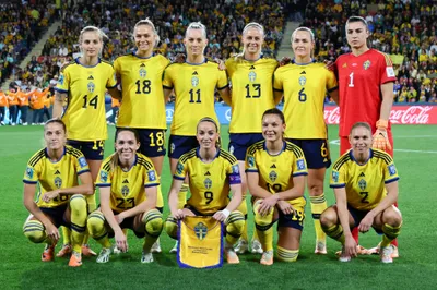 Sweden pose for a team photo ahead of the Women's World Cup third place playoff soccer match between Australia and Sweden in Brisbane, Australia, Saturday, Aug. 19, 2023. (AP Photo/Tertius Pickard)