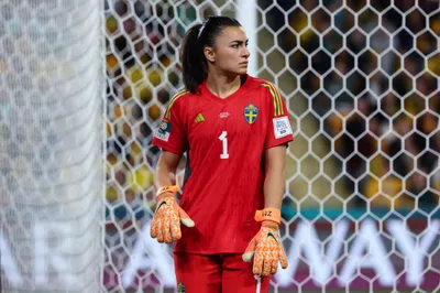 Sweden's goalkeeper Zecira Musovic watches play during the Women's World Cup third place playoff soccer match between Australia and Sweden in Brisbane, Australia, Saturday, Aug. 19, 2023. (AP Photo/Tertius Pickard)