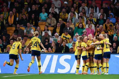 Sweden celebrate after scoring their first goal during the Women's World Cup third place playoff soccer match between Australia and Sweden in Brisbane, Australia, Saturday, Aug. 19, 2023. (AP Photo/Tertius Pickard)