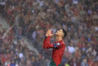 Portugal's Cristiano Ronaldo reacts during the Euro 2024 group J qualifying soccer match between Portugal and Slovakia at the Dragao stadium in Porto, Portugal, Friday, Oct. 13, 2023. (AP Photo/Luis Vieira)

- XEURO2024X