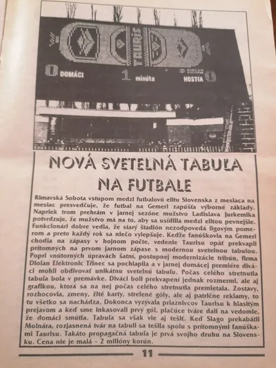 Článok o vtedajšej novej tabuli v zápasovom bulletine z roku 1998.