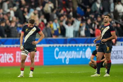 Argentina's players react at the end of the Rugby World Cup third place match between England and Argentina at the Stade de France in Saint-Denis, outside Paris, Friday, Oct. 27, 2023. (AP Photo/Pavel Golovkin)