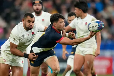 Argentina's Lautaro Bazan Velez passes the ball during the Rugby World Cup third place match between England and Argentina at the Stade de France in Saint-Denis, outside Paris, Friday, Oct. 27, 2023. (AP Photo/Themba Hadebe)