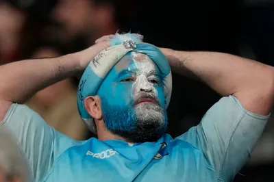 An Argentinian fan reacts after the Rugby World Cup third place match between England and Argentina at the Stade de France in Saint-Denis, outside Paris, Friday, Oct. 27, 2023. (AP Photo/Themba Hadebe)