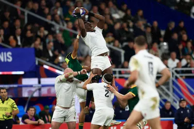 England's Maro Itoje catches the ball during the Rugby World Cup semifinal match between England and South Africa at the Stade de France in Saint-Denis, near Paris, Saturday, Oct. 21, 2023. (AP Photo/Aurelien Morissard)