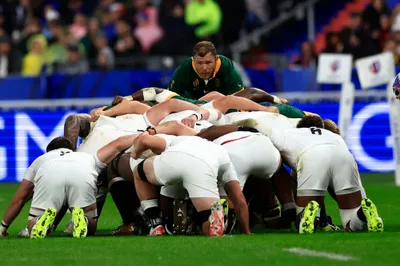 South Africa's Duane Vermeulen stands as players contest a scrum during the Rugby World Cup semifinal match between England and South Africa at the Stade de France in Saint-Denis, near Paris, Saturday, Oct. 21, 2023. (AP Photo/Aurelien Morissard)