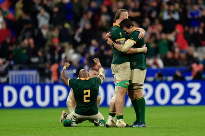 Soth Africa players celebrate at the end of the Rugby World Cup semifinal match between England and South Africa at the Stade de France in Saint-Denis, near Paris, Saturday, Oct. 21, 2023. (AP Photo/Aurelien Morissard)