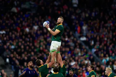 South Africa's Rg Snyman catches the ball during the Rugby World Cup quarterfinal match between France and South Africa at the Stade de France in Saint-Denis, near Paris, Sunday, Oct. 15, 2023. (AP Photo/Aurelien Morissard)