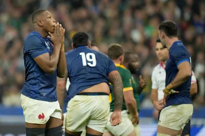 France's Cameron Woki reacts after South Africa scored a try during the Rugby World Cup quarterfinal match between France and South Africa at the Stade de France in Saint-Denis, near Paris Sunday, Oct. 15, 2023. (AP Photo/Christophe Ena)