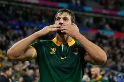 South Africa's Eben Etzebeth blows a kiss to the crowd after the end of the Rugby World Cup quarterfinal match between France and South Africa at the Stade de France in Saint-Denis, near Paris Sunday, Oct. 15, 2023. South Africa won the game 29-28. (AP Photo/Christophe Ena)