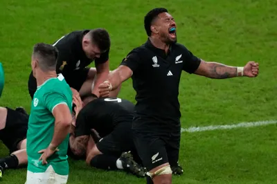 New Zealand's Ardie Savea celebrates after winning the Rugby World Cup quarterfinal match between Ireland and New Zealand at the Stade de France in Saint-Denis, near Paris, Saturday, Oct. 14, 2023. (AP Photo/Themba Hadebe)