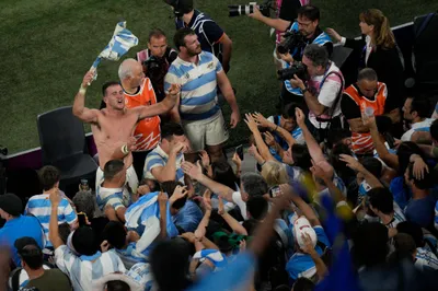 Argentina's celebrate after the Rugby World Cup quarterfinal match between Wales and Argentina at the Stade de Marseille in Marseille, France, Saturday, Oct. 14, 2023. (AP Photo/Daniel Cole)