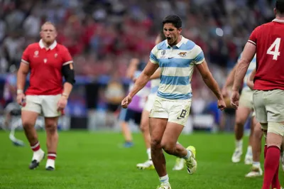 Argentina's Lucio Cinti celebrates at the end of the Rugby World Cup quarterfinal match between Wales and Argentina at the Stade de Marseille in Marseille, France, Saturday, Oct. 14, 2023. (AP Photo/Pavel Golovkin)