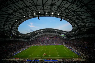 Players prepare for a scrum during the Rugby World Cup quarterfinal match between Wales and Argentina at the Stade de Marseille in Marseille, France, Saturday, Oct. 14, 2023. (AP Photo/Daniel Cole)