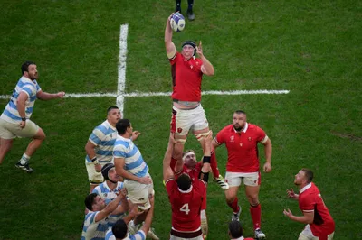 Wales' Adam Beard catches the ball during the Rugby World Cup quarterfinal match between Wales and Argentina at the Stade de Marseille in Marseille, France, Saturday, Oct. 14, 2023. (AP Photo/Daniel Cole)