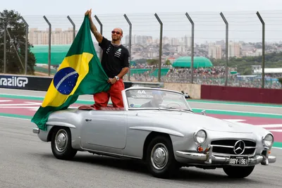 Mercedes driver Lewis Hamilton of Britain takes part in the opening parade of the Brazilian Formula One Grand Prix at the Interlagos race track in Sao Paulo, Brazil, Sunday, Nov. 5, 2023. (AP Photo/Marcelo Chello)