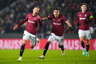 Sparta's Lukas Haraslin, left, celebrates with Sparta's Qazim Laci, center, after scoring his sides first goal during the Europa League group C soccer match between Sparta Prague and Betis at the Epet Arena in Prague, Czech Republic, Thursday, Nov. 30, 2023. (AP Photo/Petr David Josek)

- XEUROPALEAGUEX