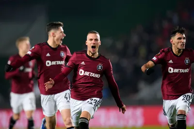 Sparta's Lukas Haraslin, 2nd right, celebrates with teammates after scoring his sides first goal during the Europa League group C soccer match between Sparta Prague and Betis at the Epet Arena in Prague, Czech Republic, Thursday, Nov. 30, 2023. (AP Photo/Petr David Josek)

- XEUROPALEAGUEX
