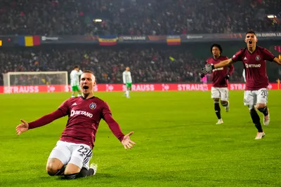Sparta's Lukas Haraslin, left, celebrates after scoring his sides first goal during the Europa League group C soccer match between Sparta Prague and Betis at the Epet Arena in Prague, Czech Republic, Thursday, Nov. 30, 2023. (AP Photo/Petr David Josek)

- XEUROPALEAGUEX