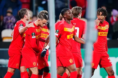 Players from FC Nordsjaelland celebrate after scoring their side's opening goal of the game during the UEFA Europa Conference League Group H match between FC Nordsjaelland and Spartak Trnava in Farum, Denmark, Thursday, Nov. 9, 2023. (Liselotte Sabroe/Ritzau Scanpix via AP)